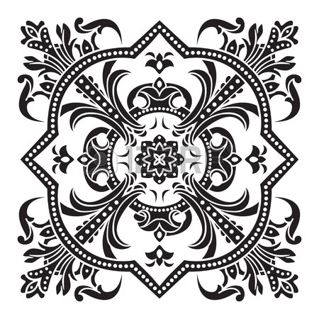 450x450 Hand Drawing Decorative Tile Pattern. Italian Majolica Style Black