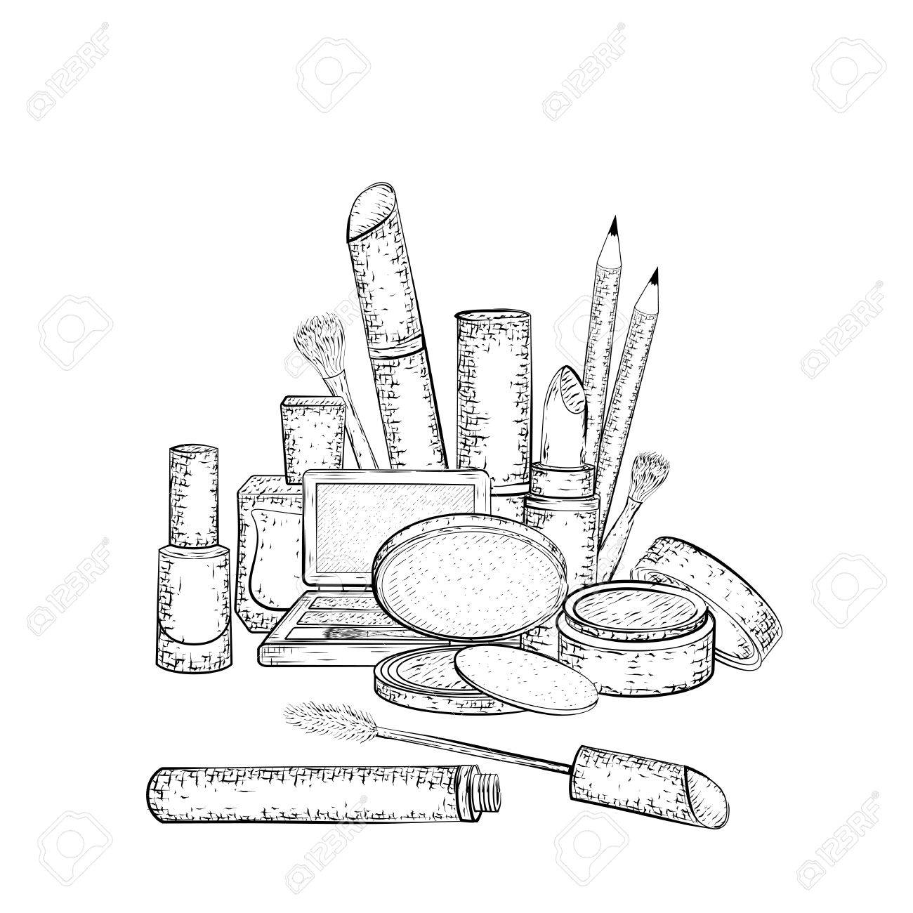 1300x1300 Hand Drawn Cosmetics Collection. Detailed Sketch Of Elements