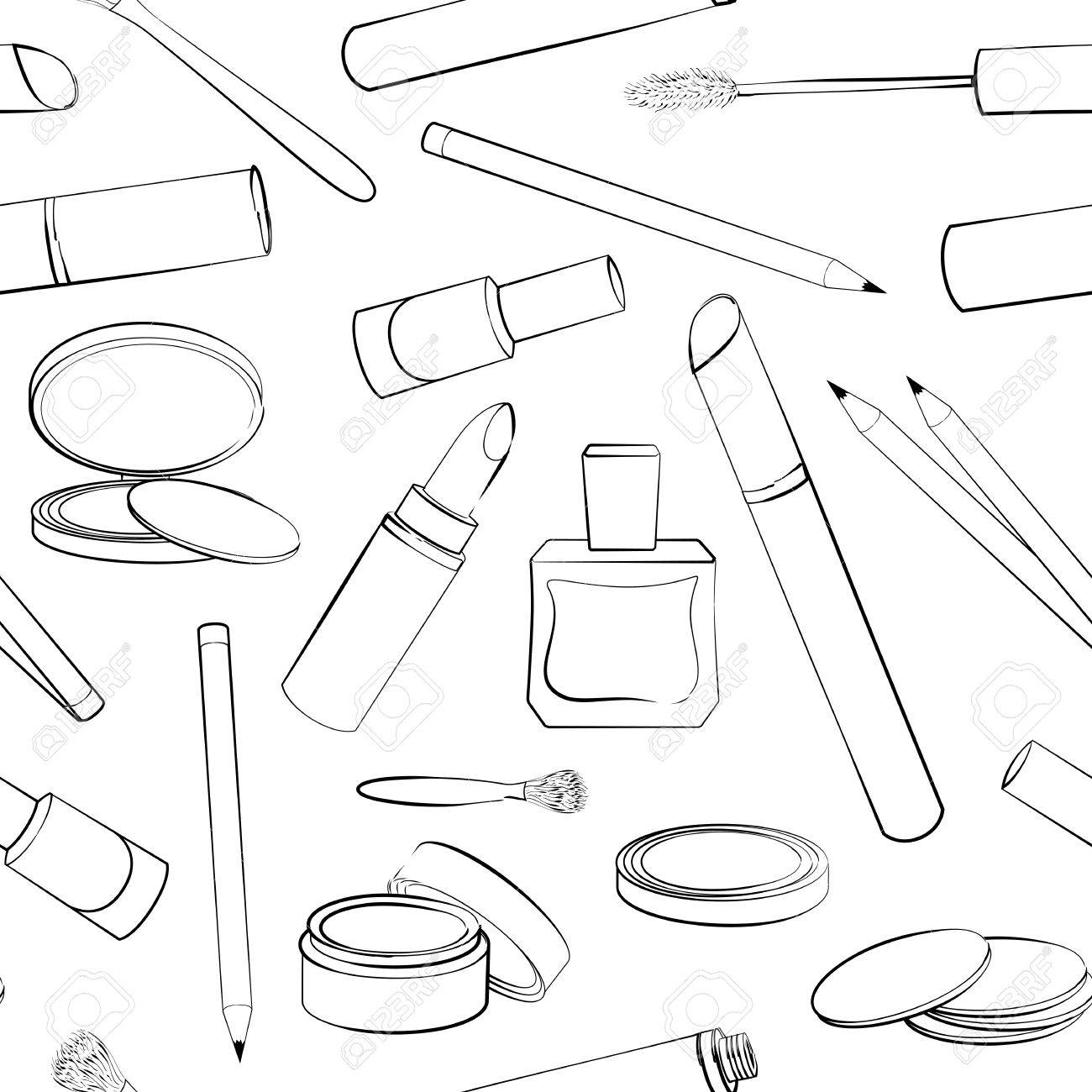 1300x1300 Seamless Pattern With Hand Drawn Cosmetics Collection. Sketch