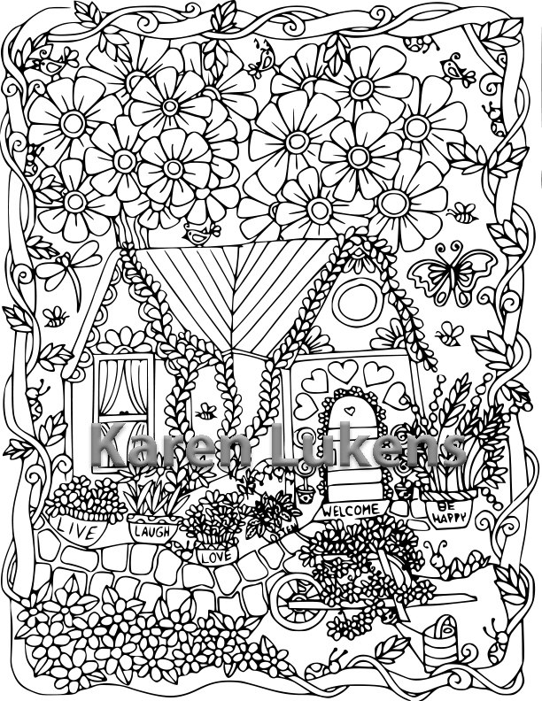 612x792 Happy Garden Cottage, 1 Adult Coloring Book Page, Printable
