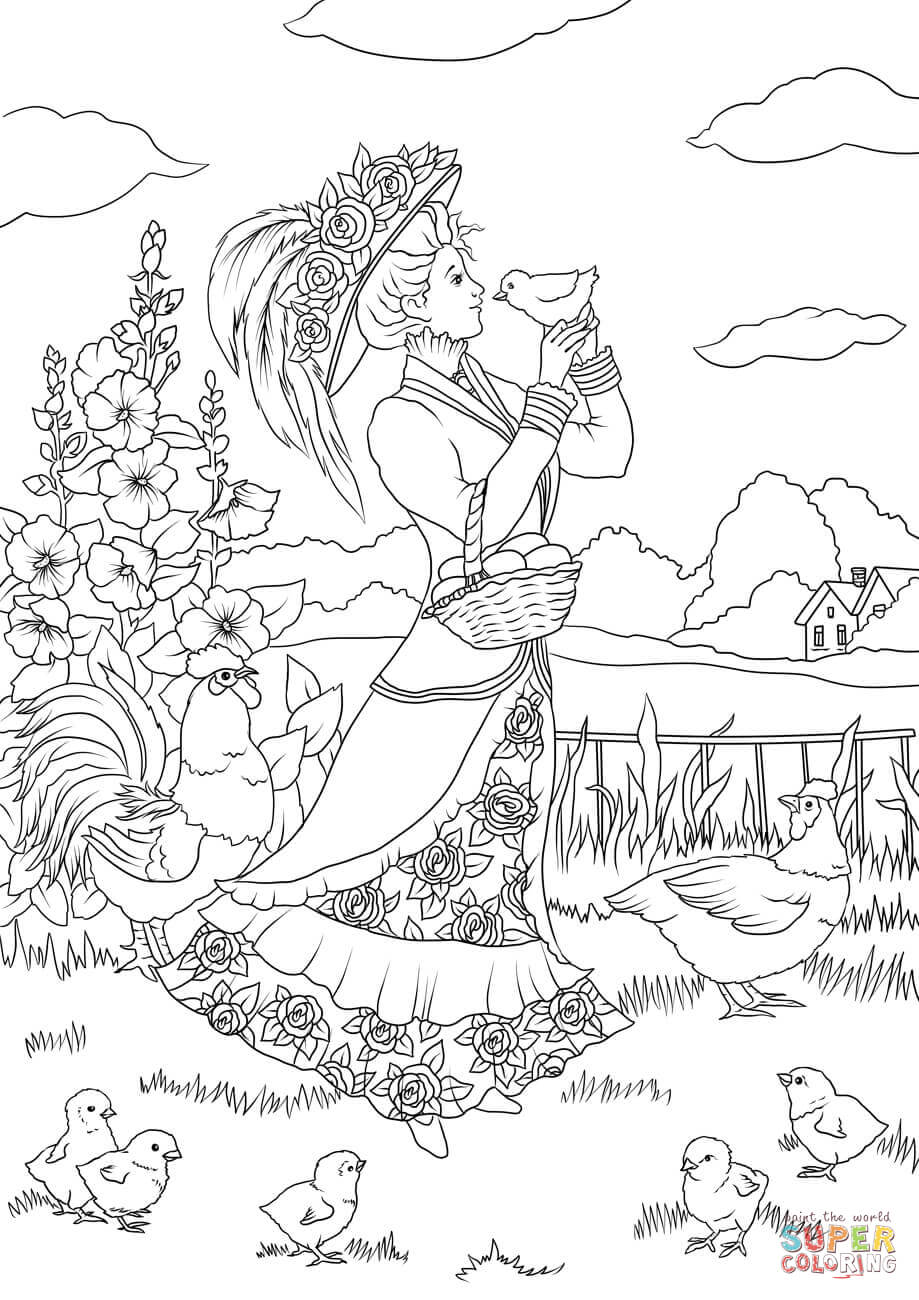 919x1300 Victorian Lady And A Chicken In The Countryside Coloring Page
