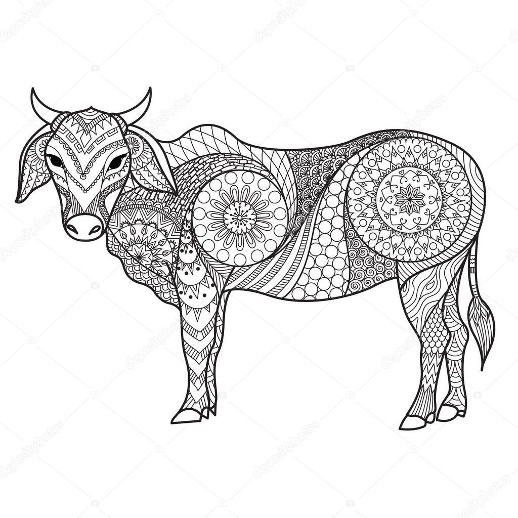 1024x1024 Drawing Zendoodle Of Cow For Coloring Page, Shirt Design Effect