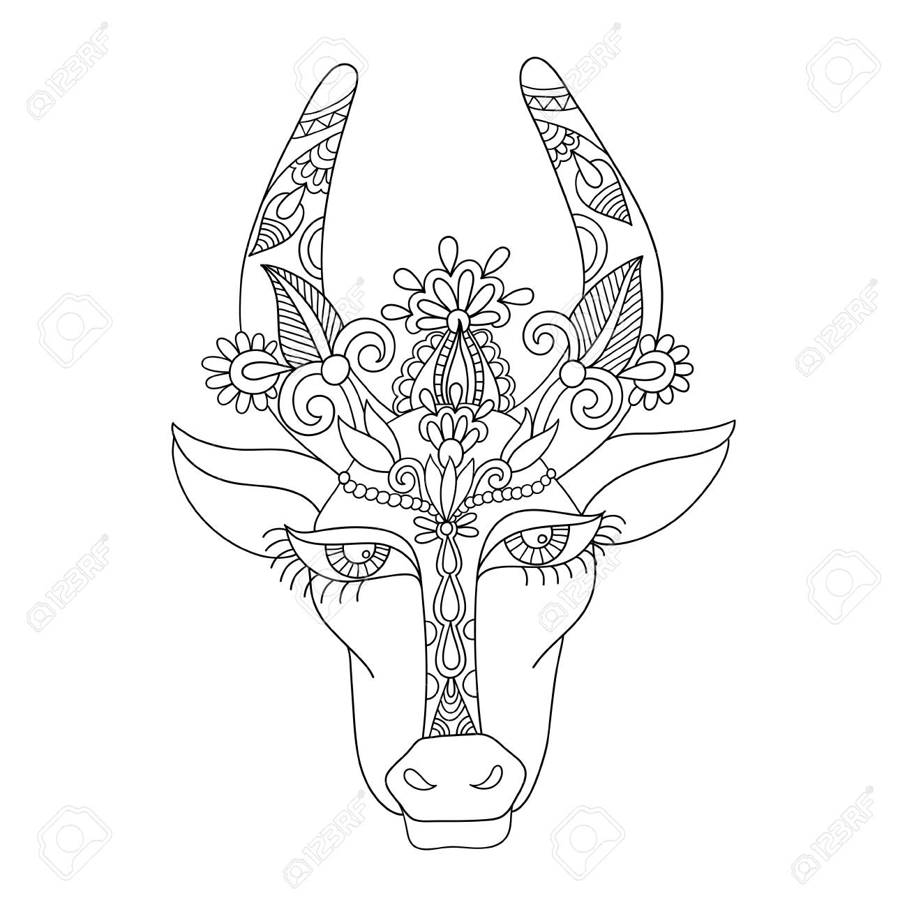 1300x1300 Line Decorative Drawing Of Indian Cow Head, Floral Stylized
