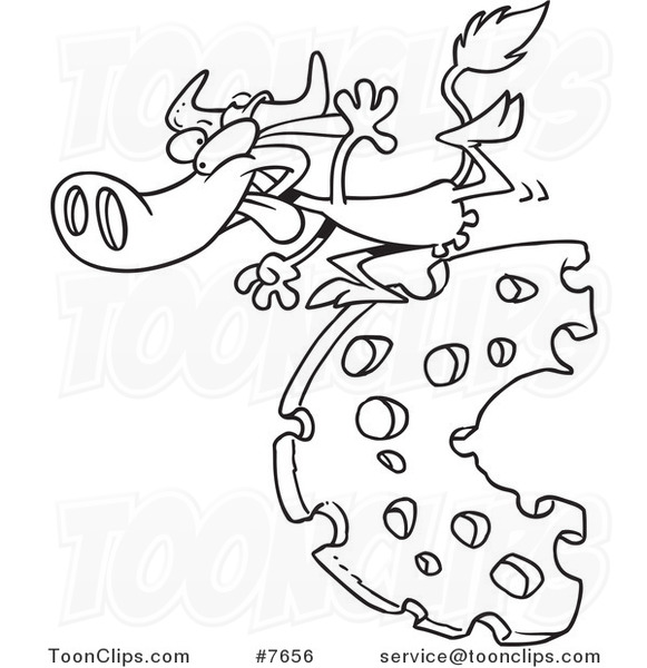 581x600 Cartoon Black And White Line Drawing Of A Cow Running On Cheese