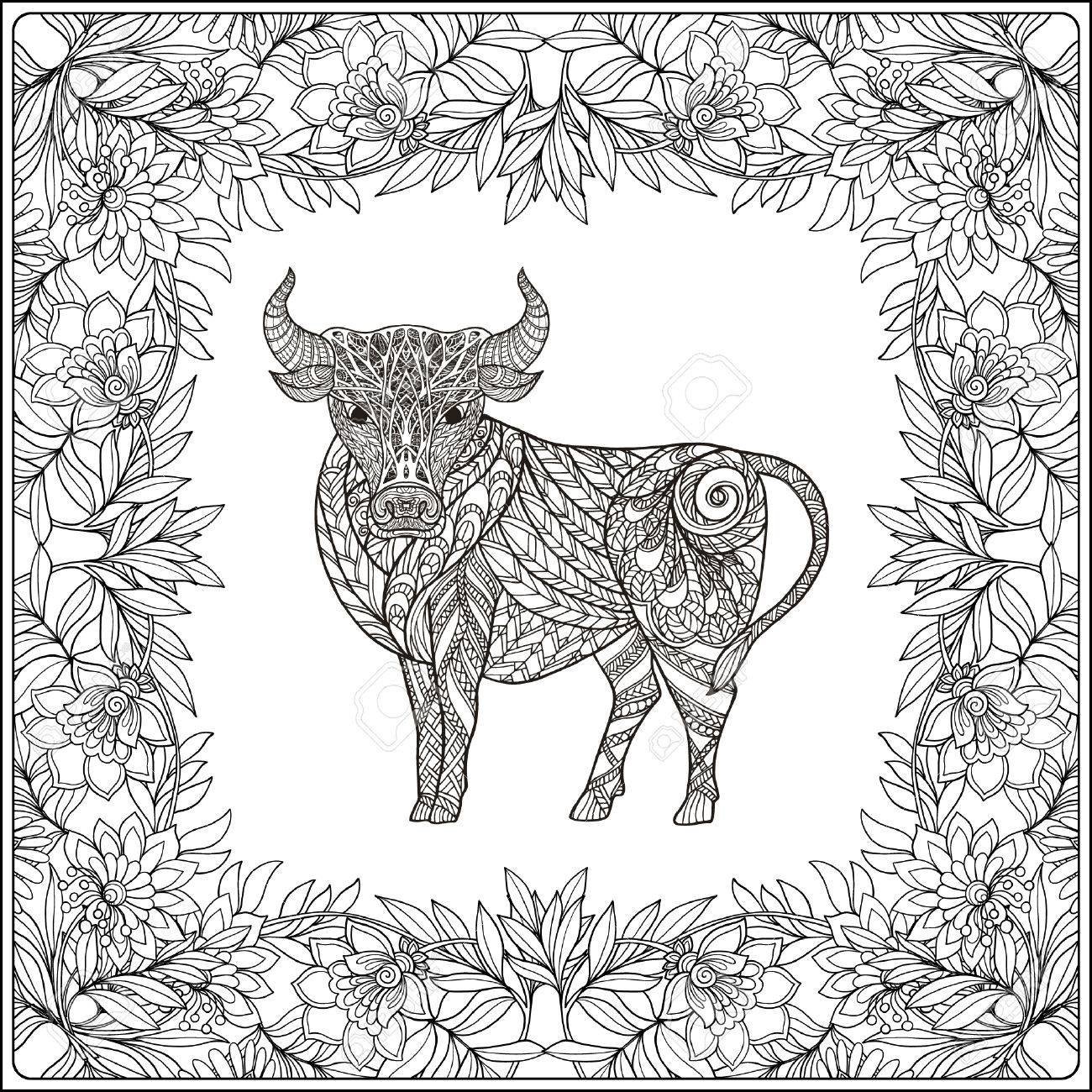 1300x1300 Cow In Floral Frame. Coloring Book For Adult And Older Children