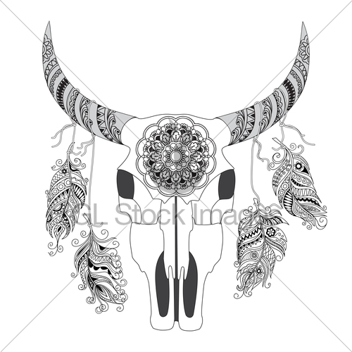 500x500 Decorated Cow Skull With Mandala And Feathers Gl Stock Images