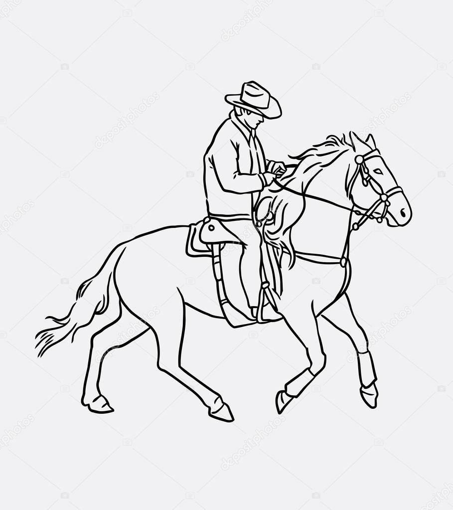 909x1023 Cowboy Riding Horse Line Art Drawing Stock Vector Cundrawan703