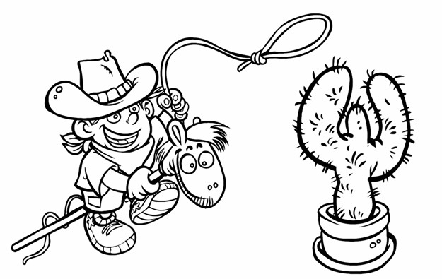 625x395 Child Cowboy On The Wooden Horse Outline Drawing Printable Image