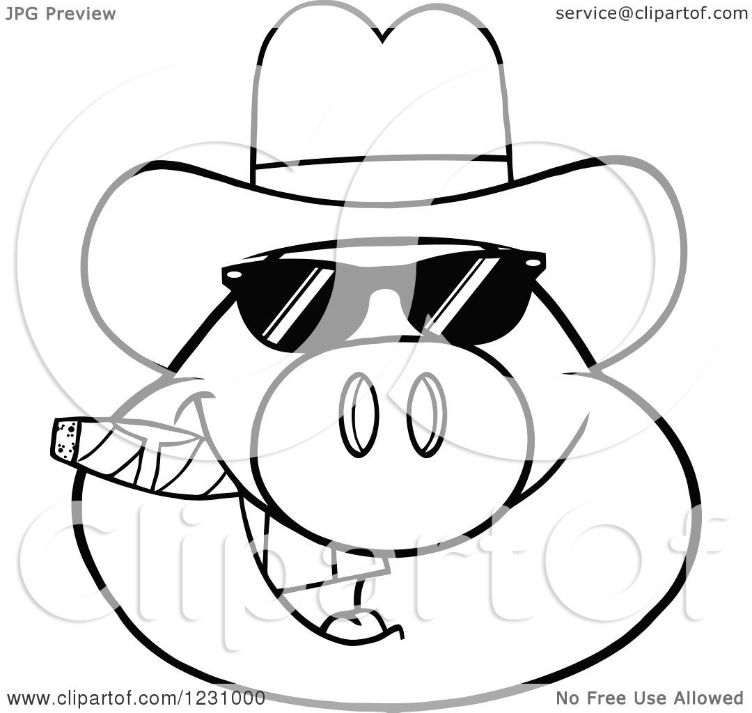 1080x1024 Clipart Of An Outlined Pig Head With A Cowboy Hat, Cigar