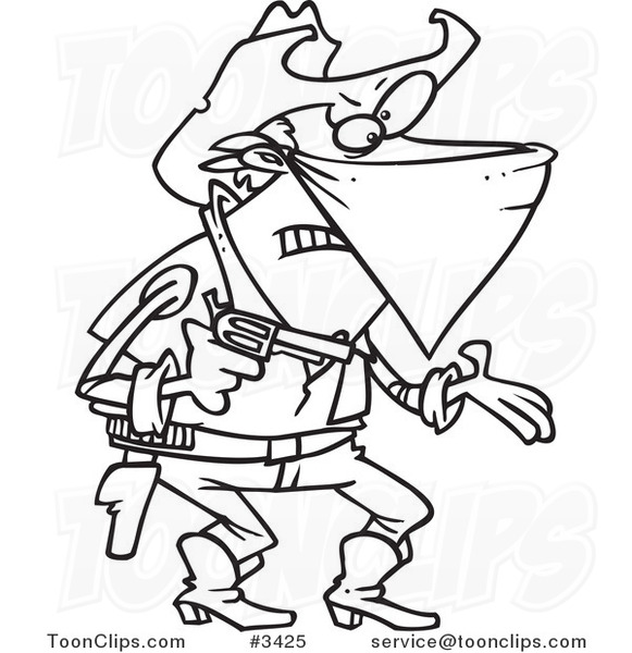 581x600 Cartoon Black And White Line Drawing Of An Outlaw Cowboy Demanding
