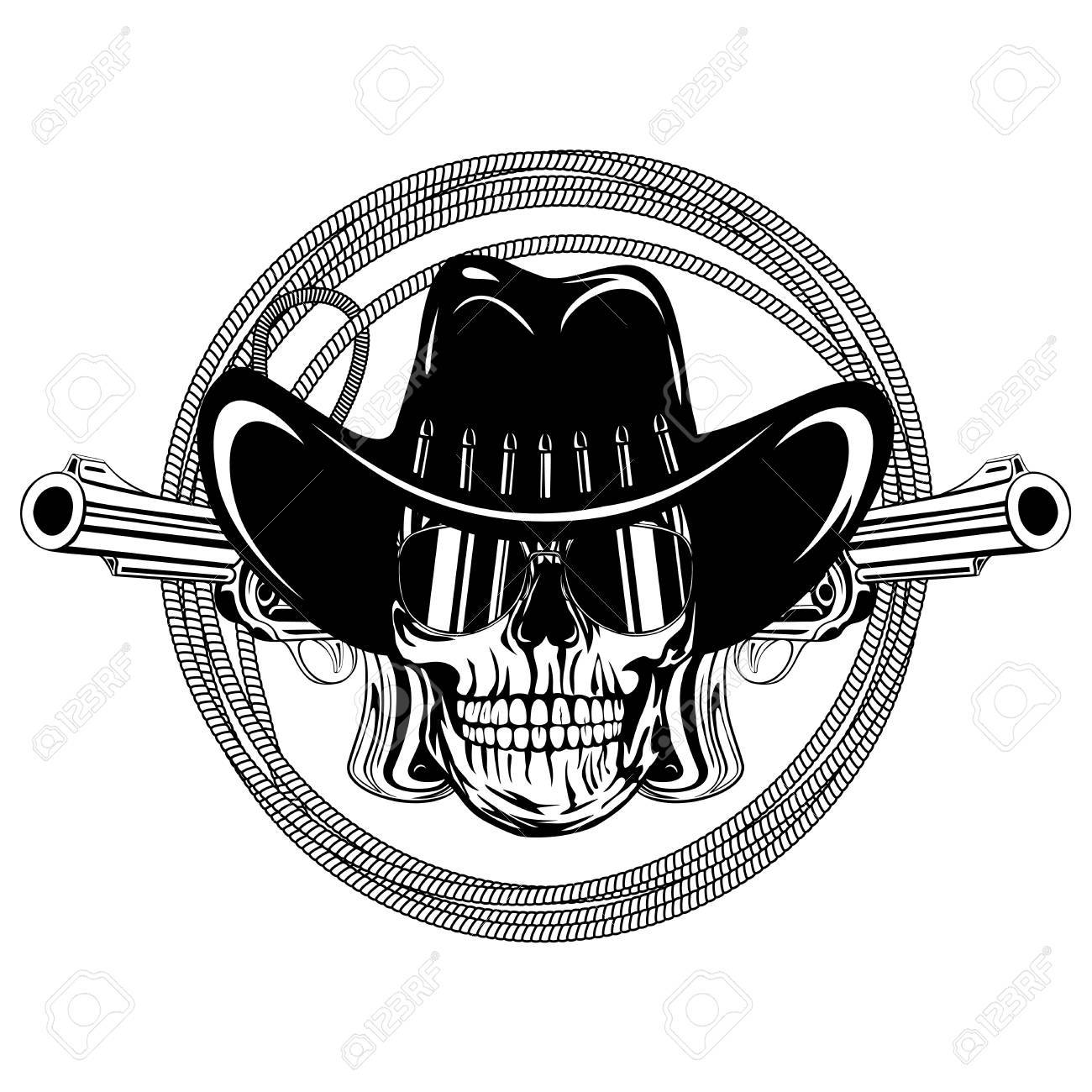 1300x1300 Vector Illustration Cowboy Skull With Sunglasses In Hat And Two