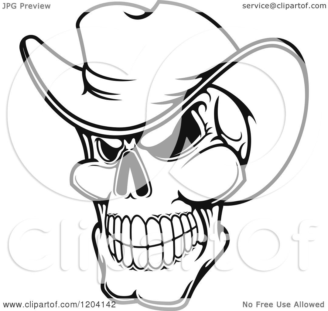 1080x1024 Clipart Of A Black And White Grinning Cowboy Skull With A Hat