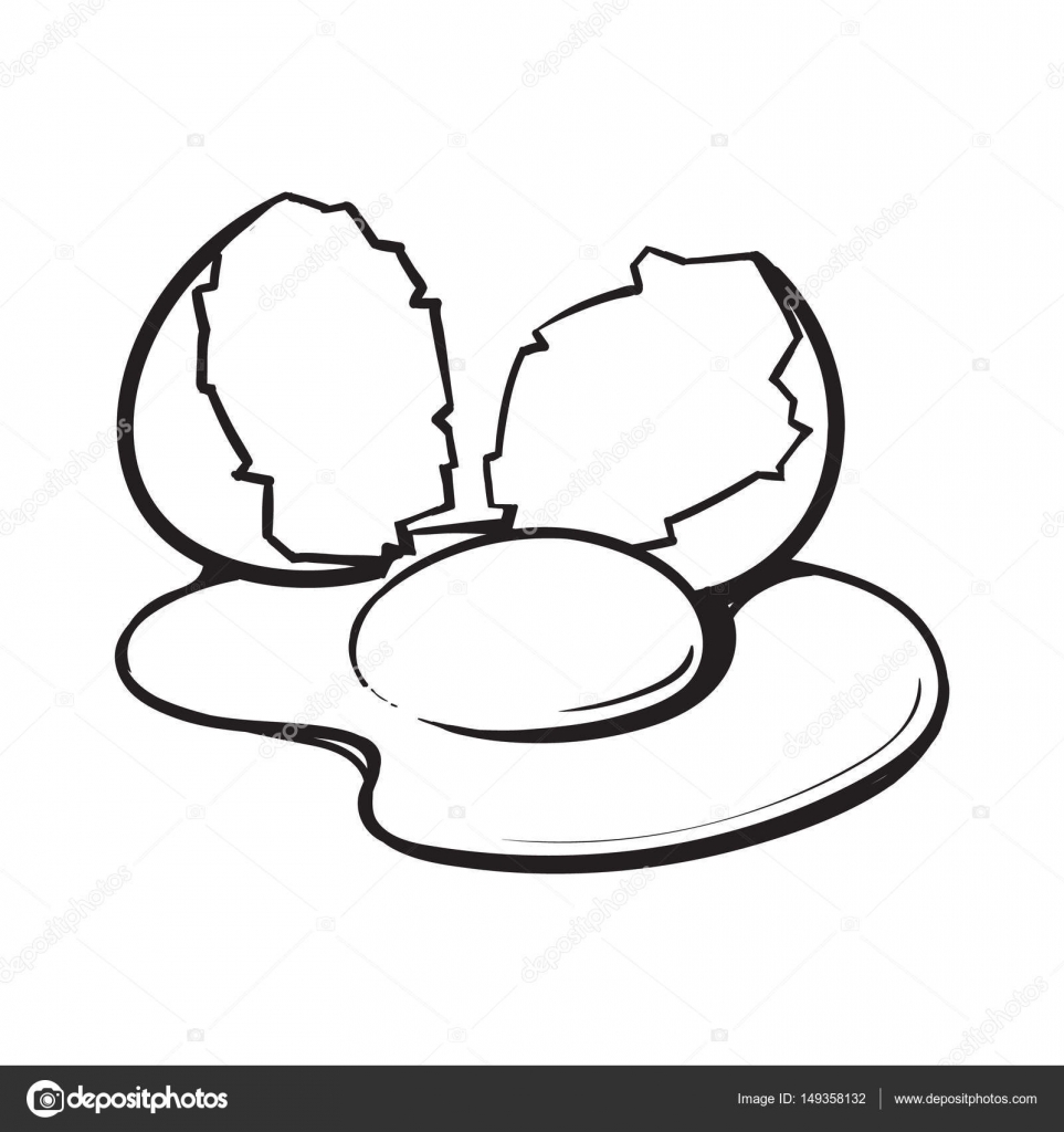 963x1024 Cracked, Broken And Spilled Chicken Egg, Sketch Style Vector
