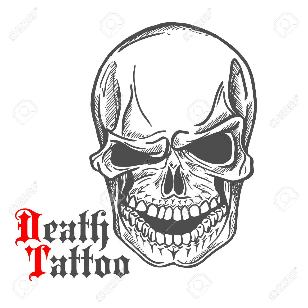 1300x1300 Dark Gray Human Skull Sketch With Spooky Smile And Caption Death