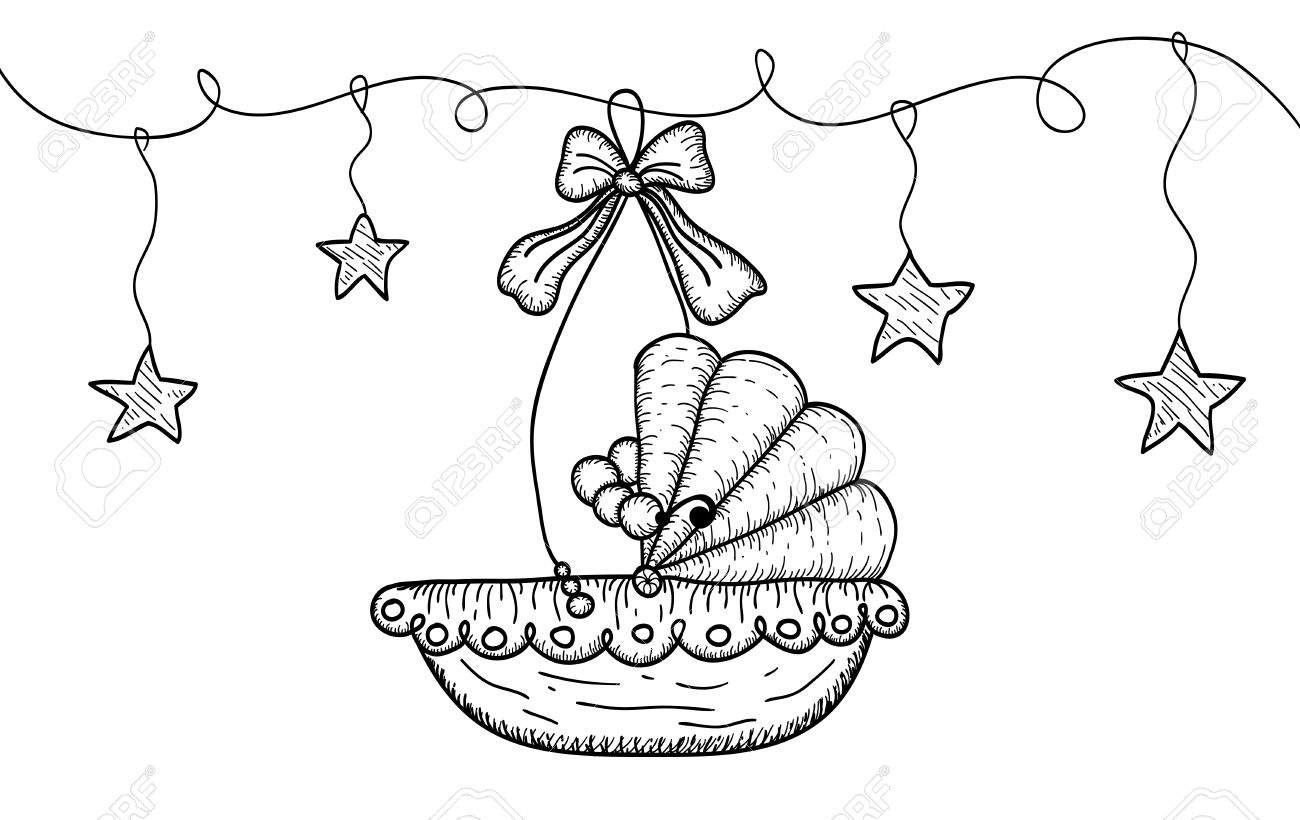 1300x820 Hand Drawn Illustration With Hanging Baby Cradle And Stars. Vector