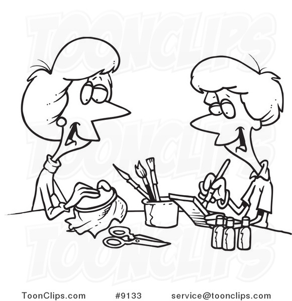 581x600 Cartoon Black And White Line Drawing Of Women Doing Crafts