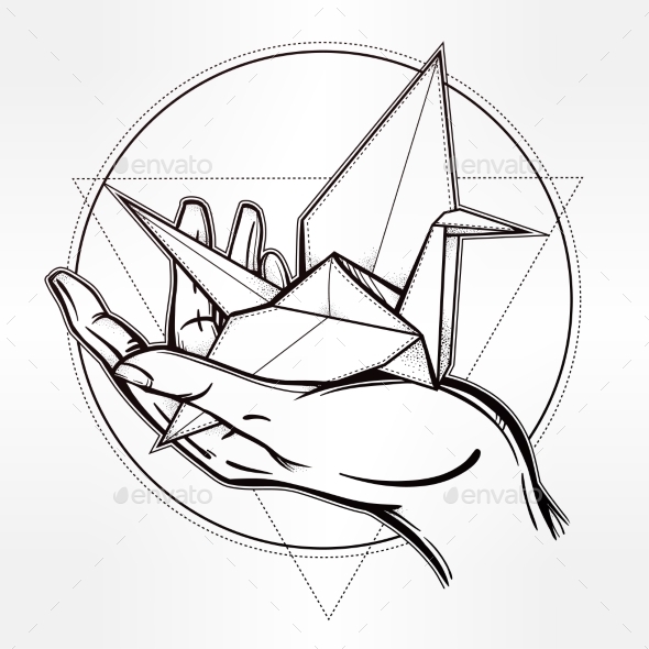 590x590 Hand Drawn Paper Crane In A Palm By Itskatjas Graphicriver