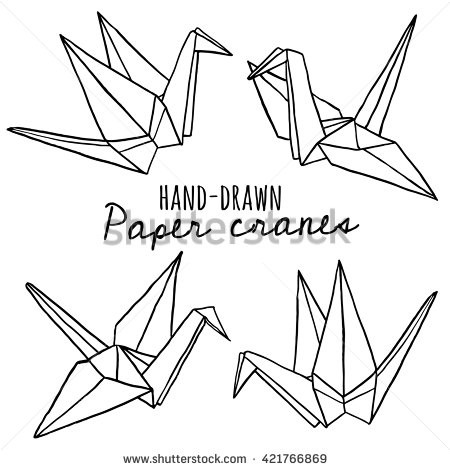 450x470 Hand Drawn Line Paper Crane Set. Origami On White Background Esl
