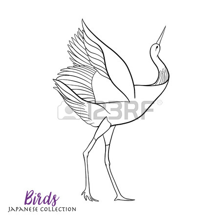 450x450 Japanese Crane. Coloring Book For Adult. Outline Drawing Coloring