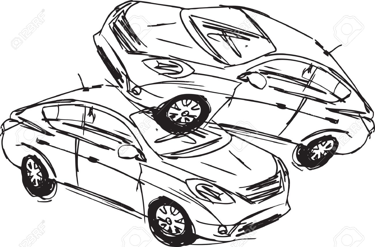 1300x859 Sketch Of Two Cars In An Accident Isolated On A White Background