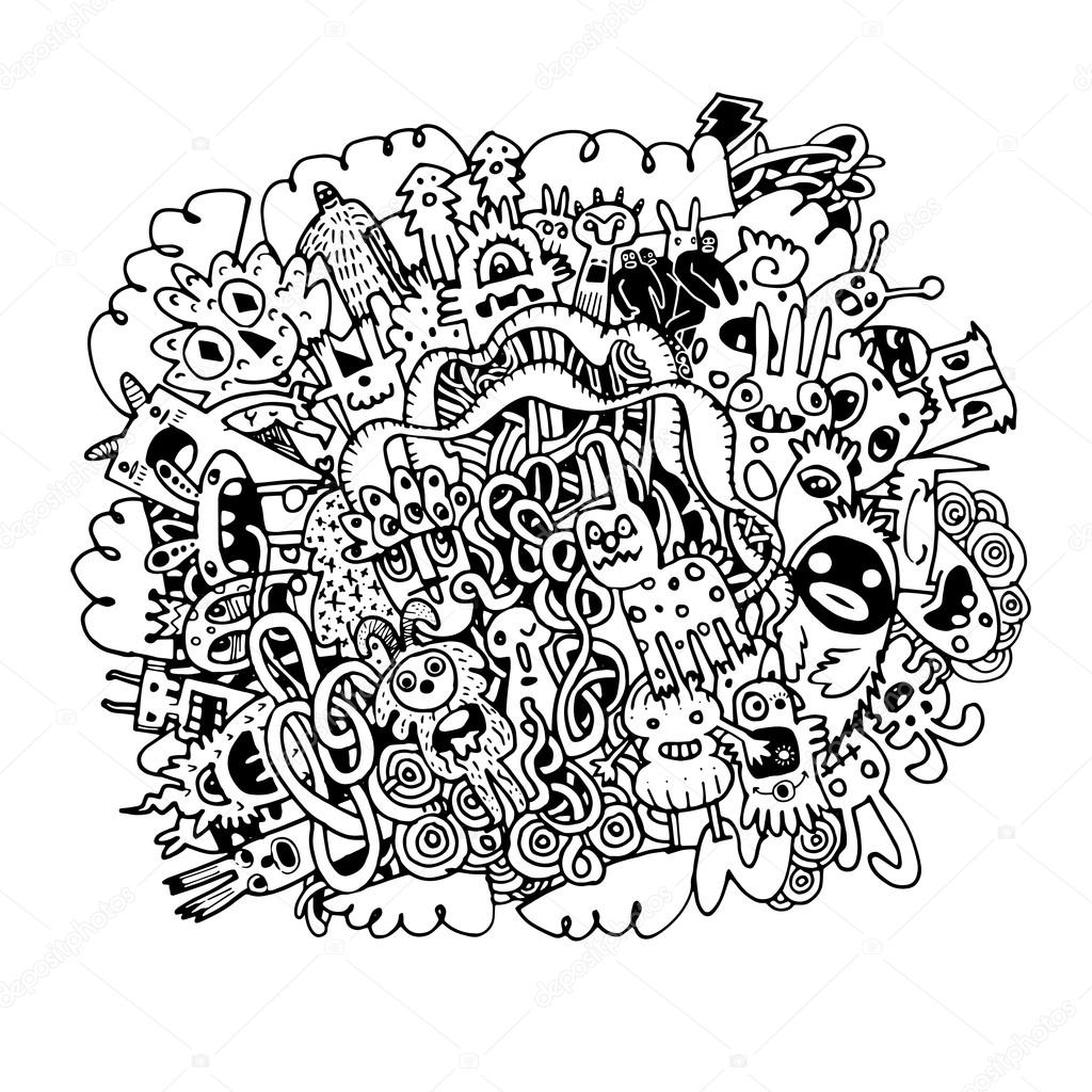 1024x1024 Hipster Hand Drawn Crazy Doodle Monster,drawing Style Stock