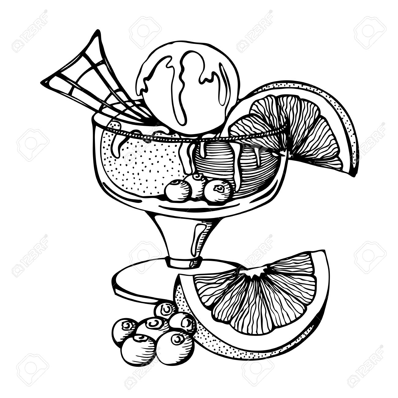1300x1300 Vector Monochrome Drawing Of Ice Cream With Orange And Berries