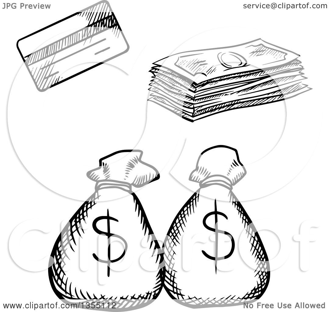 1080x1024 Clipart Of A Black White Sketched Credit Card, Cash Money