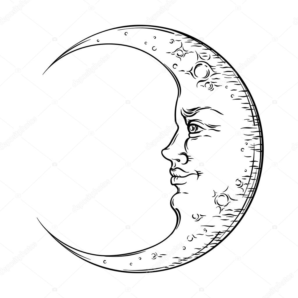 1024x1024 Antique Style Hand Drawn Art Crescent Moon. Boho Chic Tattoo