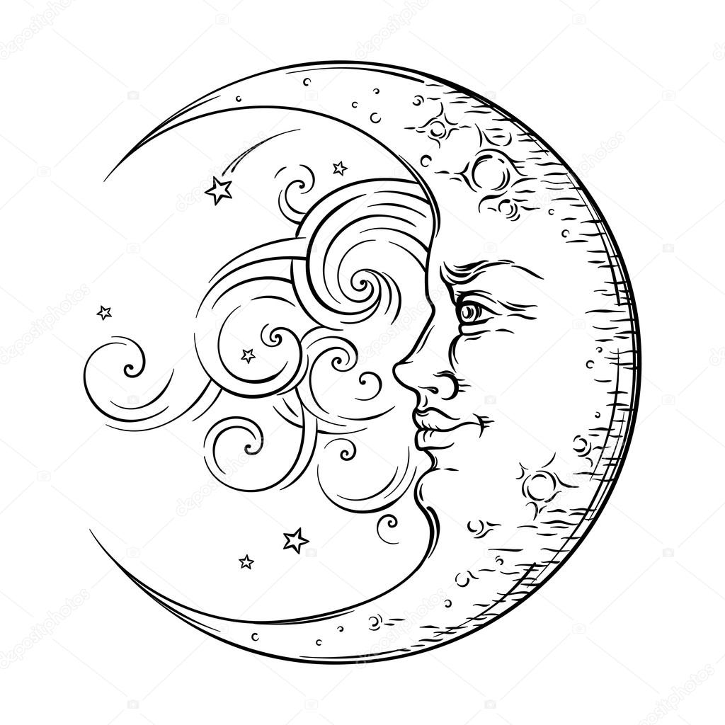 1024x1024 Antique Style Hand Drawn Art Crescent Moon. Boho Chic Tattoo