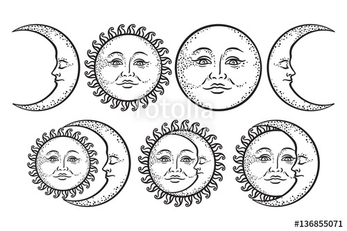 500x334 Boho Chic Flash Tattoo Design Hand Drawn Art Sun And Crescent Moon