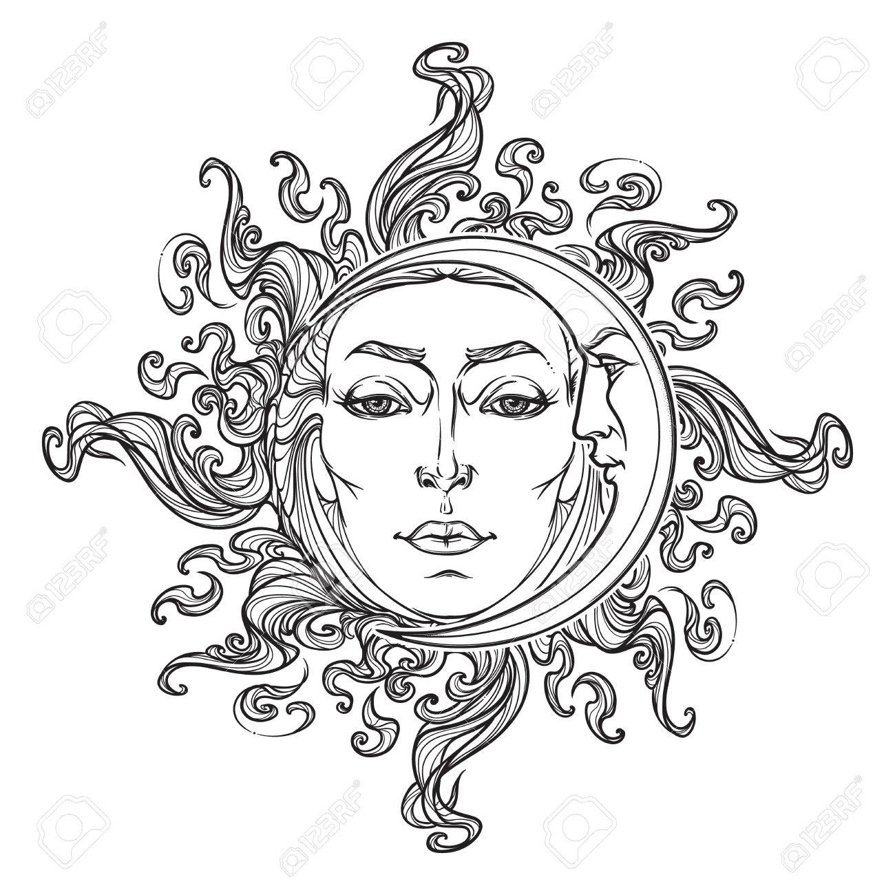 1300x1300 Fairytale Style Hand Drawn Sun And Crescent Moon With A Human