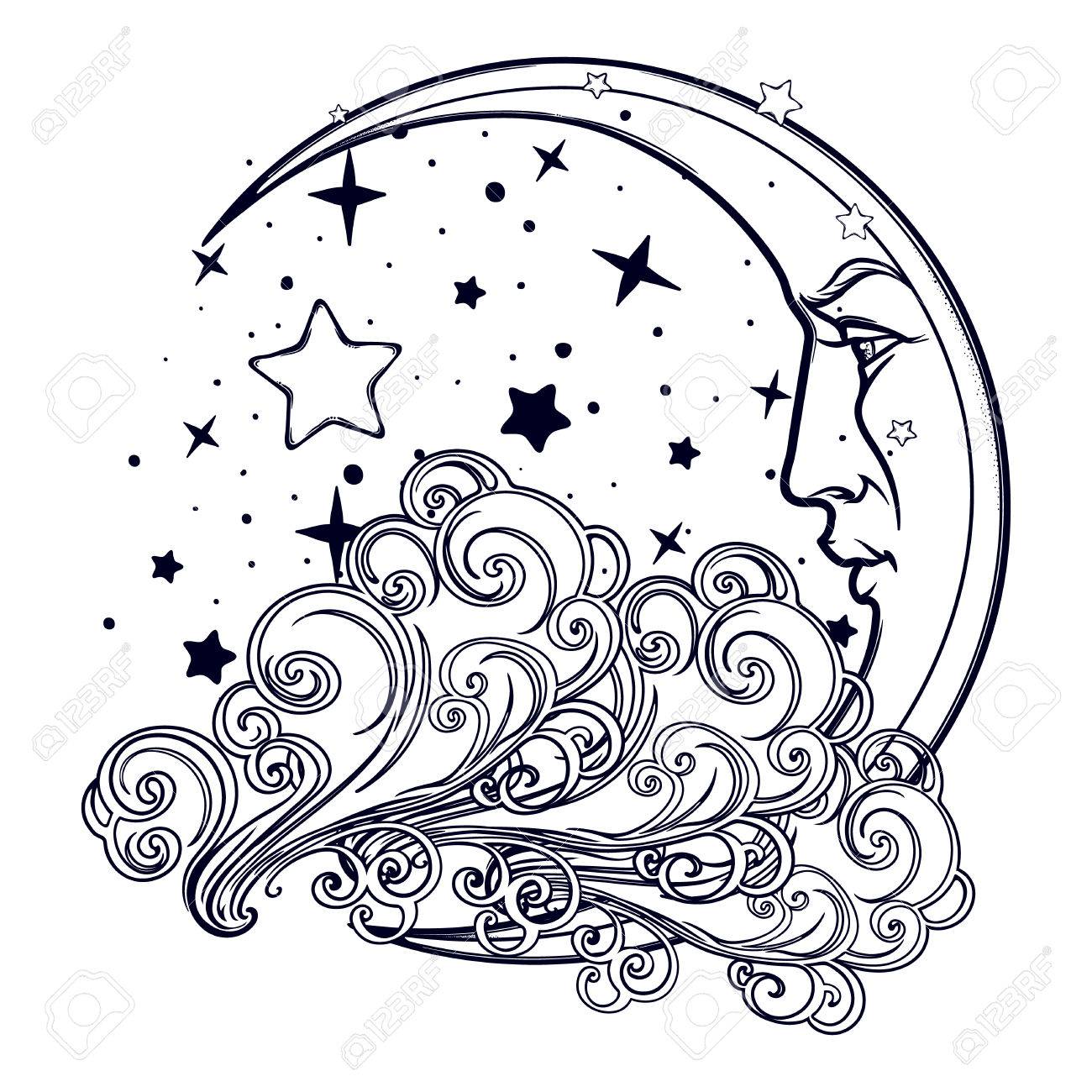 1300x1300 Fairytale Style Crescent Moon With A Human Face Resting On A Curly