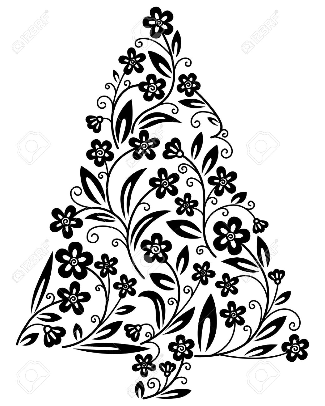 1040x1300 Cute Floral Christmas Tree Silhouette Royalty Free Cliparts