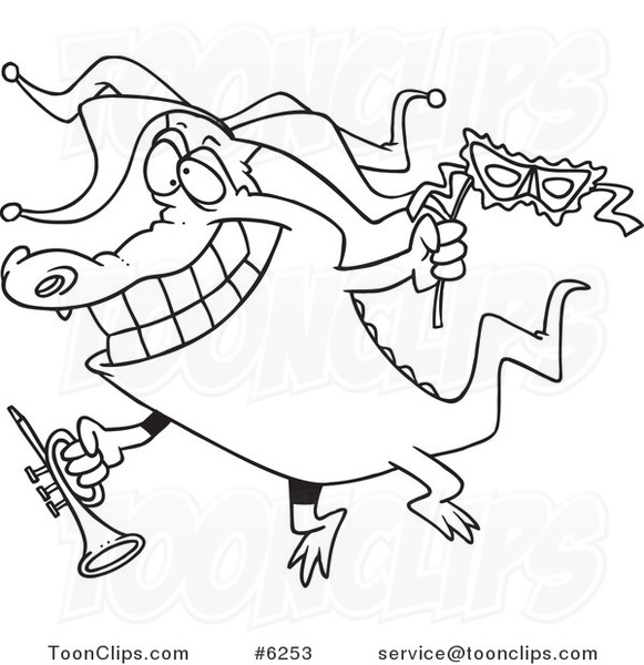 581x600 Cartoon Black And White Line Drawing Of A Mardi Gras Crocodile
