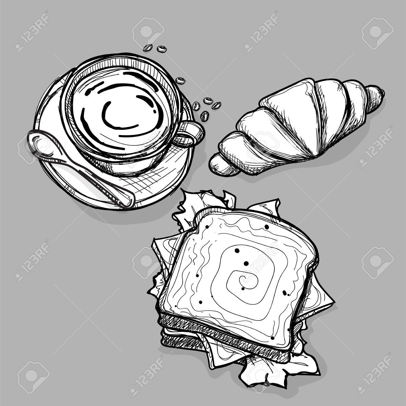 1300x1299 Food Coffee Cup Sandwich Croissant Drawing Graphic Illustrate