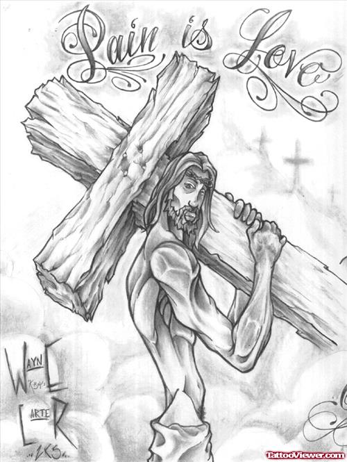 500x665 Grey Ink Cross And Jesus Tattoo Design Tattoo