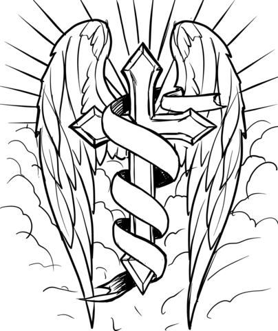 404x480 Cross With Wings In The Clouds Coloring Page Free Printable