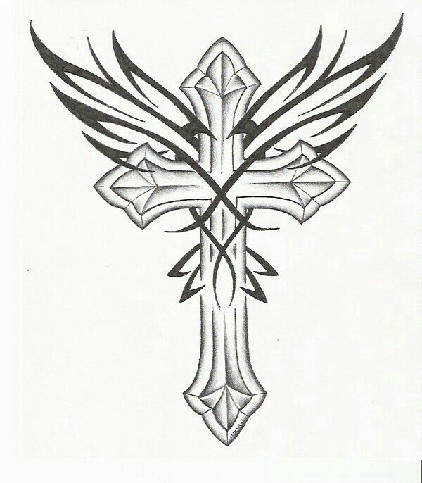 600x686 Wings Over Cross Sketch Drawing Designs Drawing