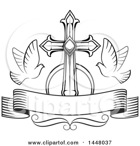 450x470 Clipart Of A Black And White Easter Cross With Doves And A Blank