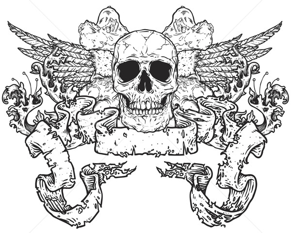 600x480 Skull With Wings Cross Bones And Scroll Banner Stock Photo Thye
