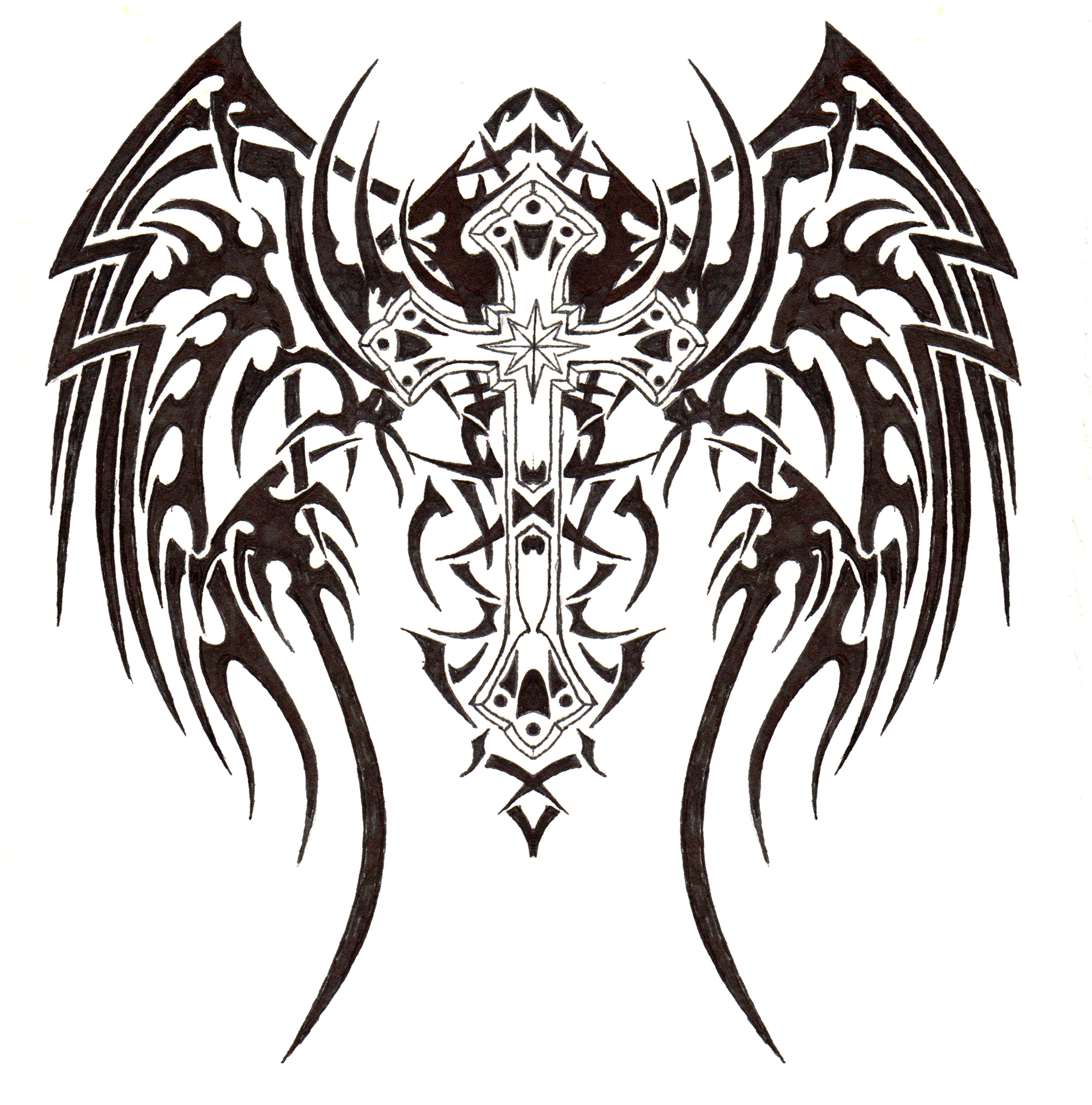 2443x2471 Tribal Cross W Angel Wings By Ens Prometheus 2d Monochromelack