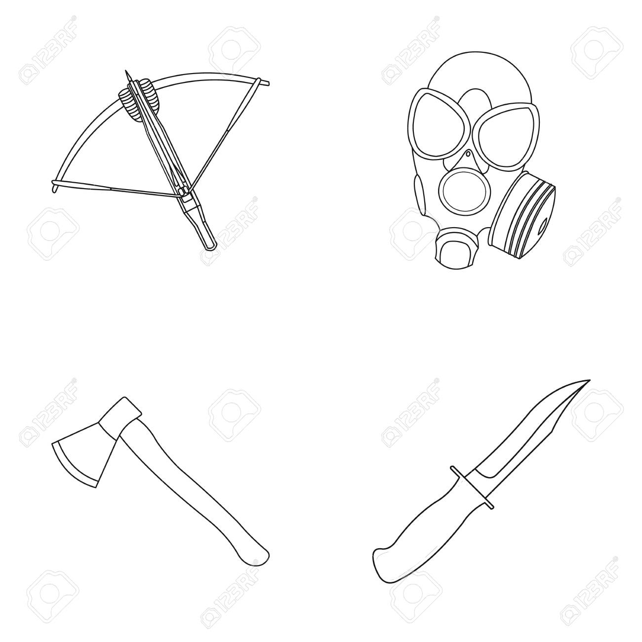 1300x1300 Crossbow, Gas Mask, Ax, Combat Knife. Weapons Set Collection