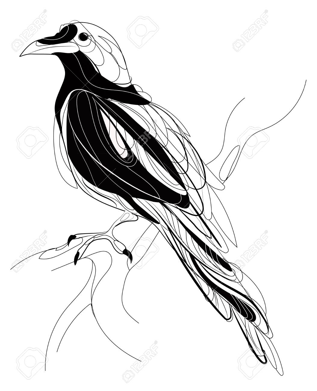1053x1300 A Crow Sitting On A Branch. Stylized Magpie On A Tree. Black