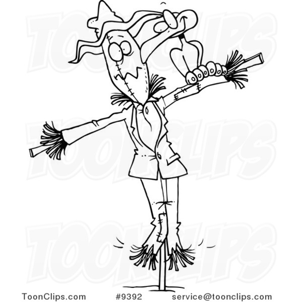 581x600 Cartoon Black And White Line Drawing Of A Crow On A Scarecrow