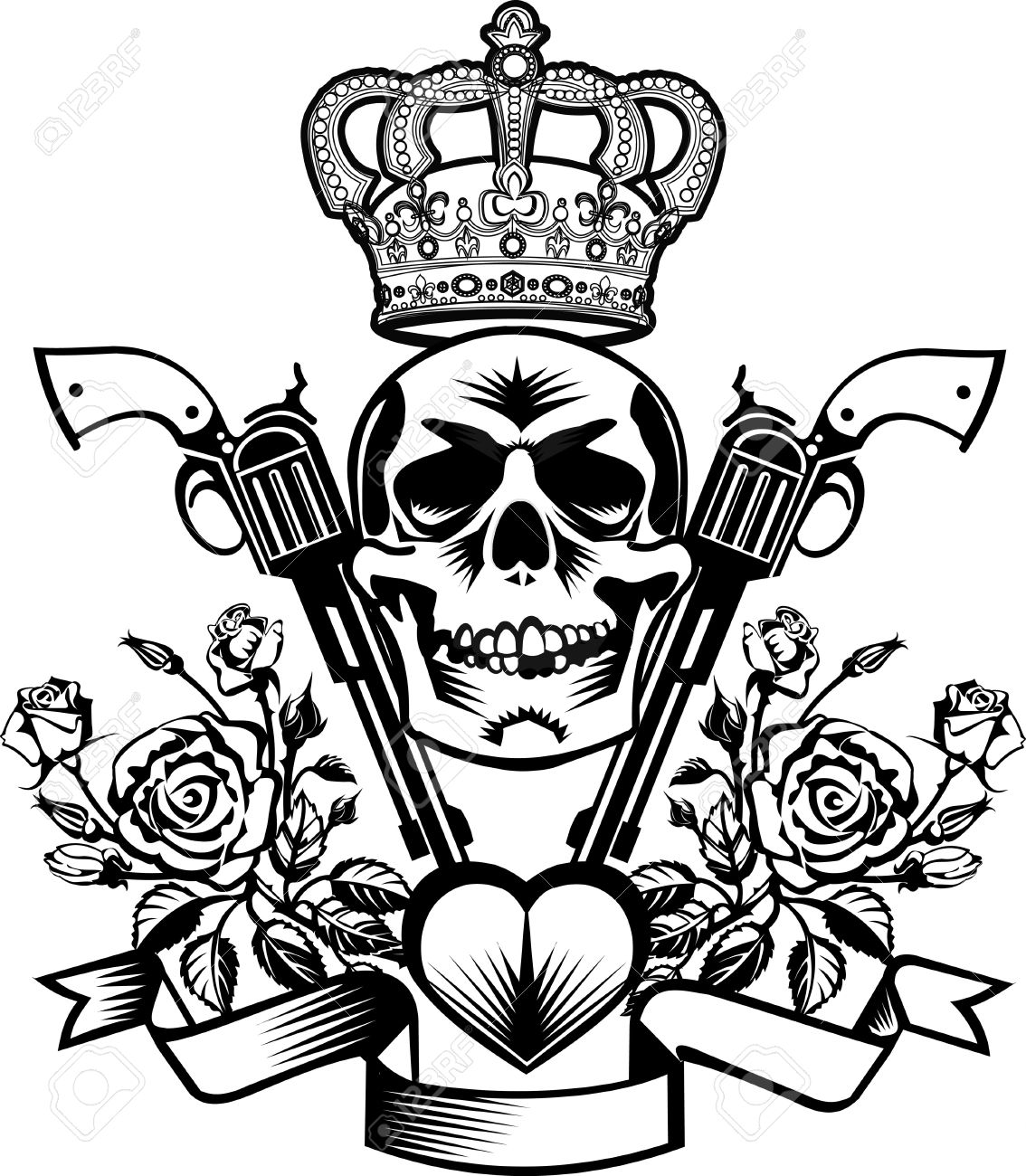 1134x1300 Tattoo Skull, Guns And Roses With Crown Royalty Free Cliparts