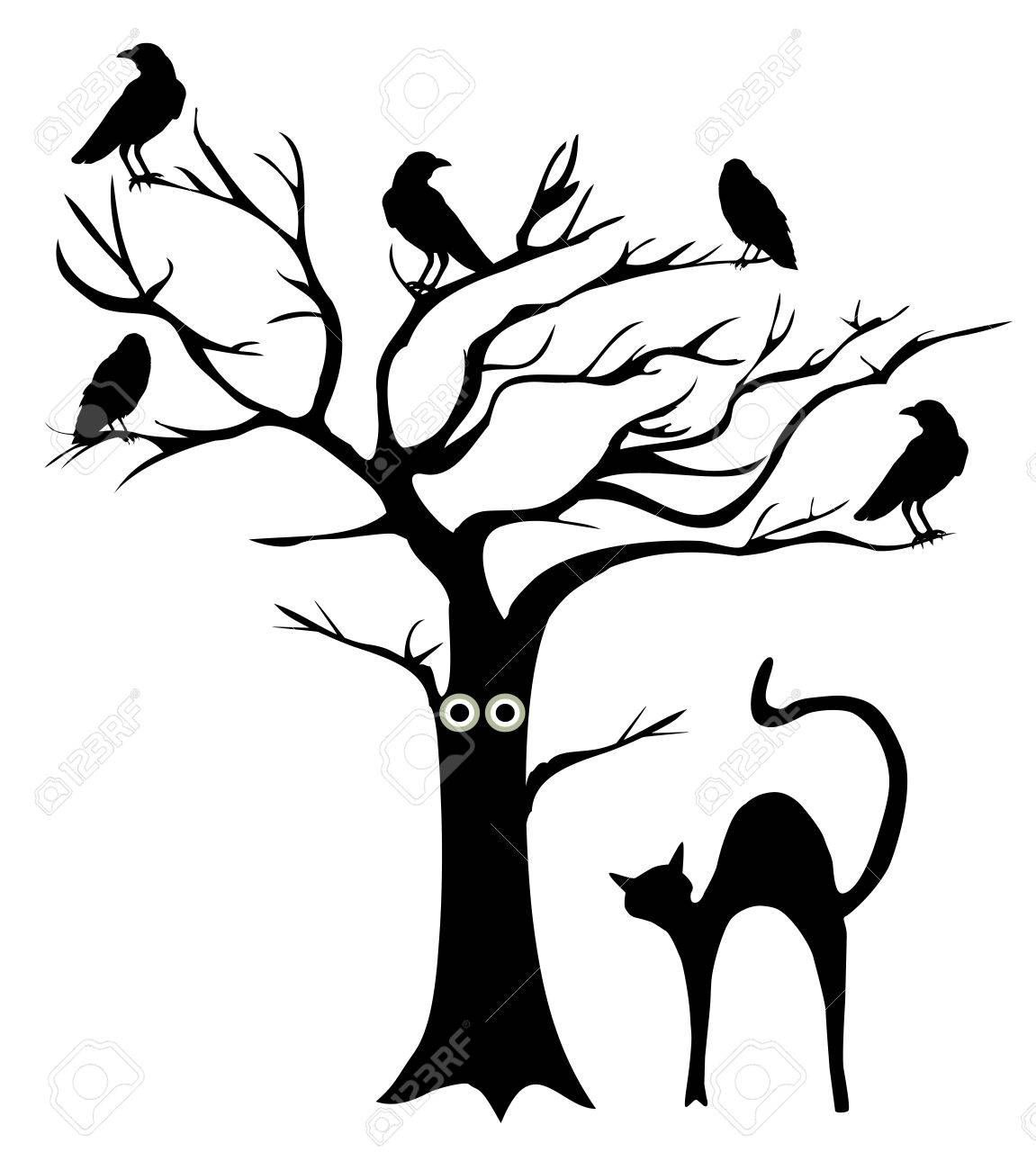 1151x1300 Vector Illustration Of A Tree With Crows And A Cat Royalty Free