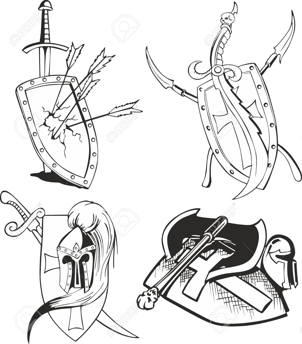 1141x1300 Set Of Outline Black And White Tattoo Sketches Of Knight Shields