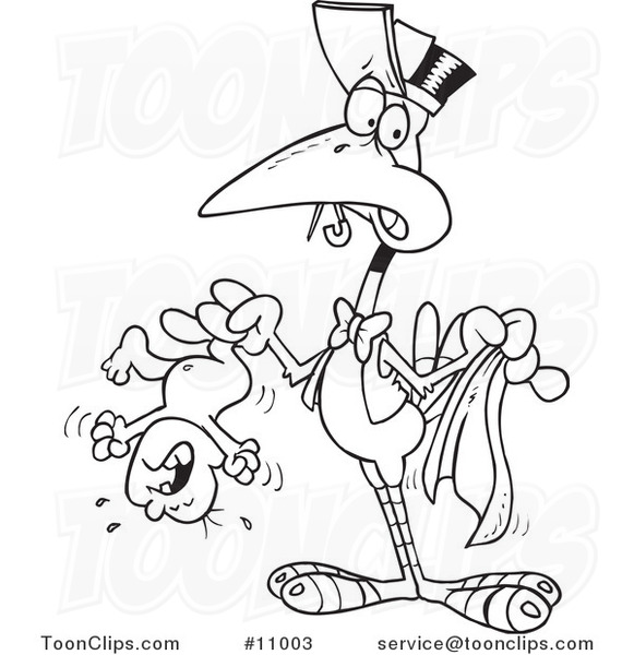 581x600 Cartoon Black And White Line Drawing Of A Stork Holding A Crying