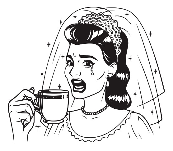 556x486 Vintage Retro Crying Woman Drinking Tea Line Art Icon Printable