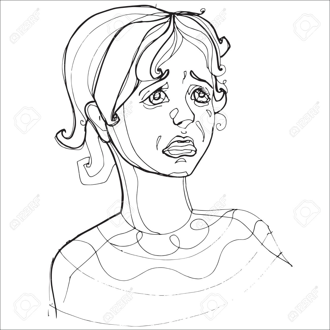 1300x1300 Young Girl Severely Crying, Human Emotions. Sketch Hand Drawing